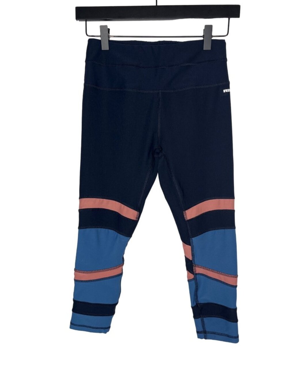 RBX Womens Small Crop Leggings Navy Blue Coral Stripe Yoga Running Activewear